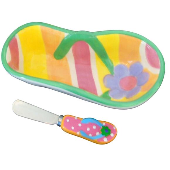 Boston Warehouse Dip Bowl Spreader Set Beach Luau Flip Flop Shape Appetizer Dish - Picture 1 of 5